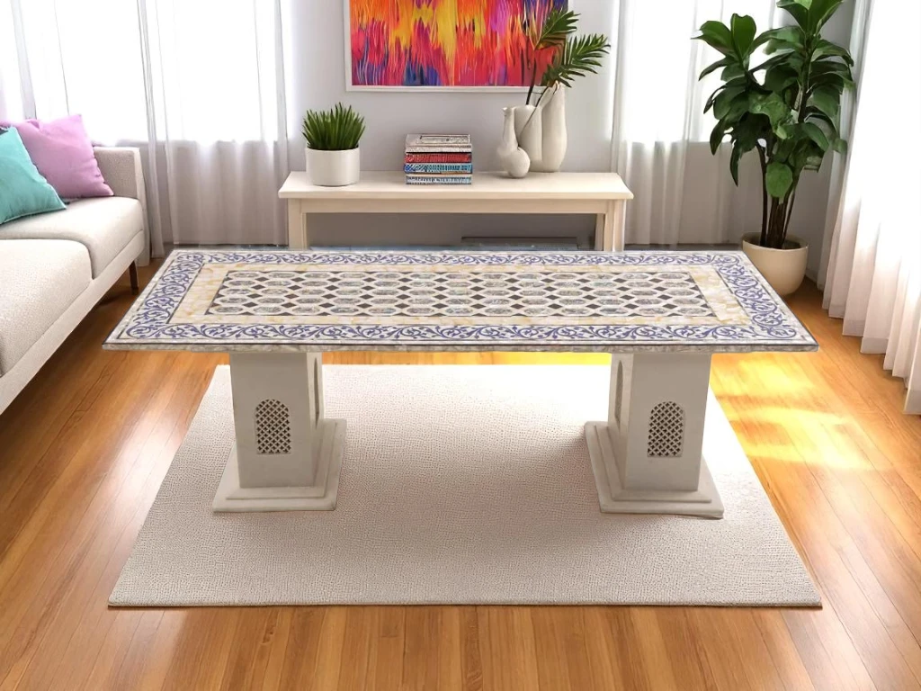 Luxury Marble Dining Table with Abalone & MOP  Pietra Dura Inlay